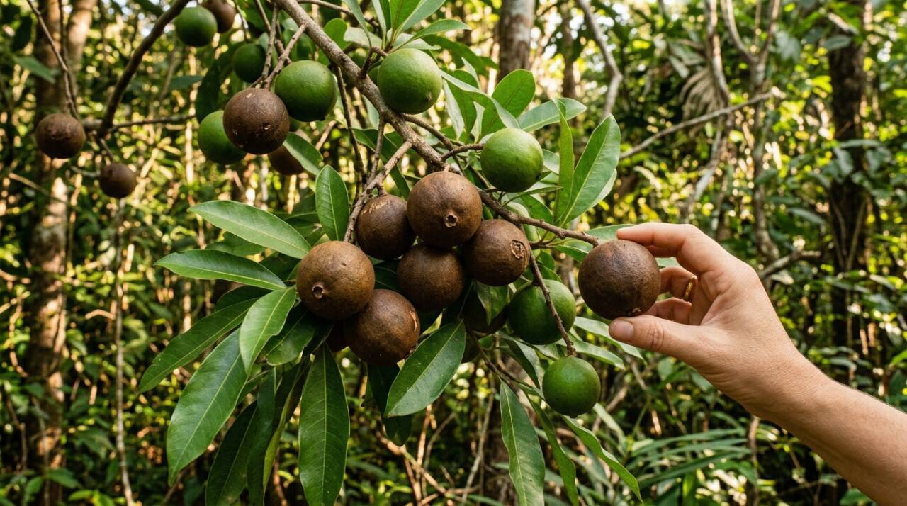 O fruto da marmelada-bola apresenta formato arredondado e pode atingir aproximadamente 4 a 7 centímetros de diâmetro.