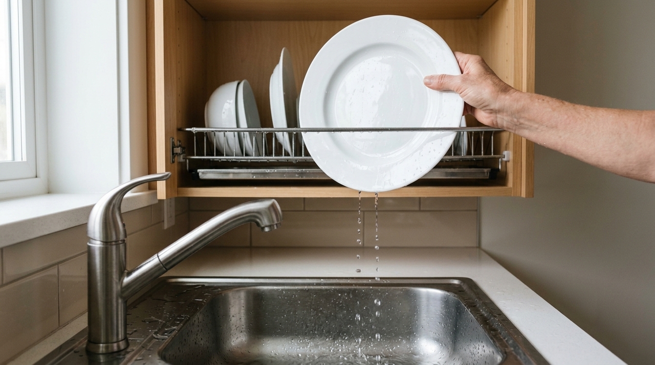 Como o escorredor fica suspenso, a superfície ao lado da pia permanece disponível para preparar alimentos ou apoiar pequenos eletrodomésticos.