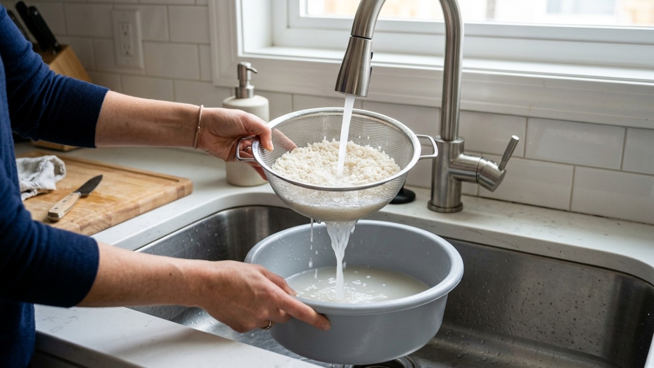 A água resultante da lavagem do arroz pode ser reaproveitada como um eficiente agente de limpeza sustentável para a cozinha.