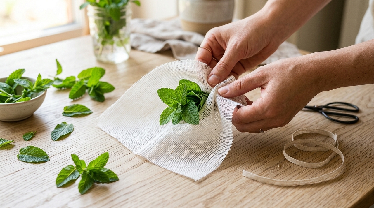 O pano vazado de algodão permite a liberação contínua de óleos essenciais, mantendo o frescor do vegetal por longos períodos