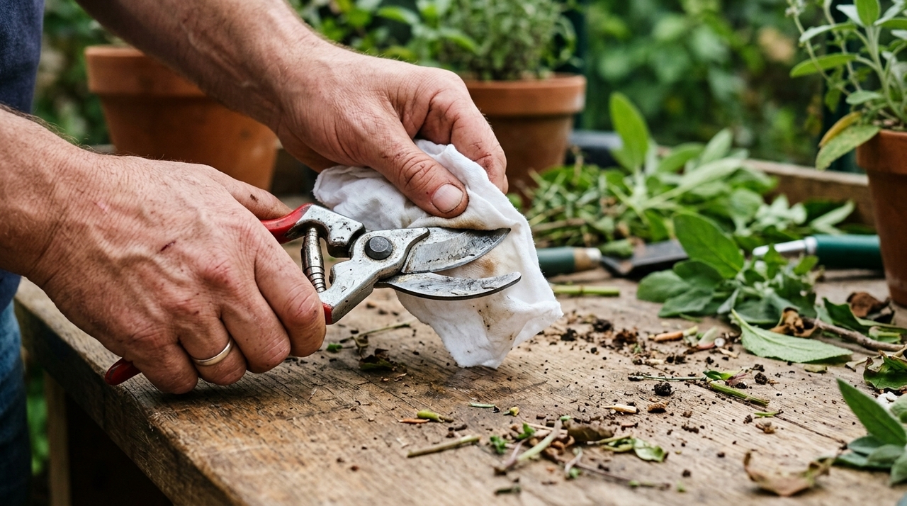 Durante a poda, a lâmina entra em contato direto com folhas, galhos, seiva e outros materiais vegetais