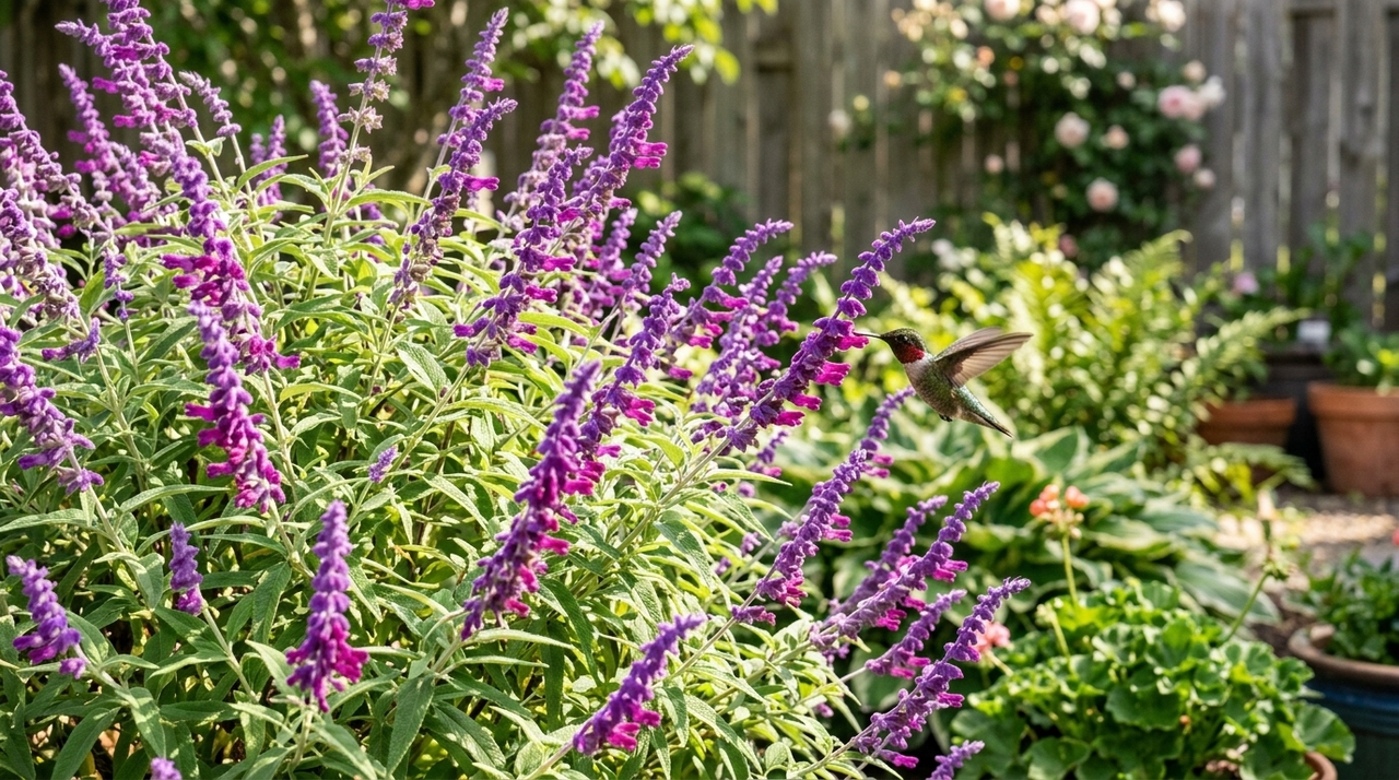 A espécie Salvia leucantha desenvolve longas espigas florais aveludadas que chamam a atenção à distância.