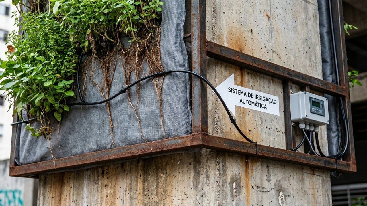 A irrigação automatizada e o uso de mantas têxteis garantem a segurança e a manutenção eficiente dos jardins verticais.