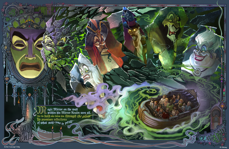 Arte conceitual da nova atração imersiva apresentada pelo Magic Mirror, que fará parte da recém-anunciada Villains Land no Magic Kingdom Park