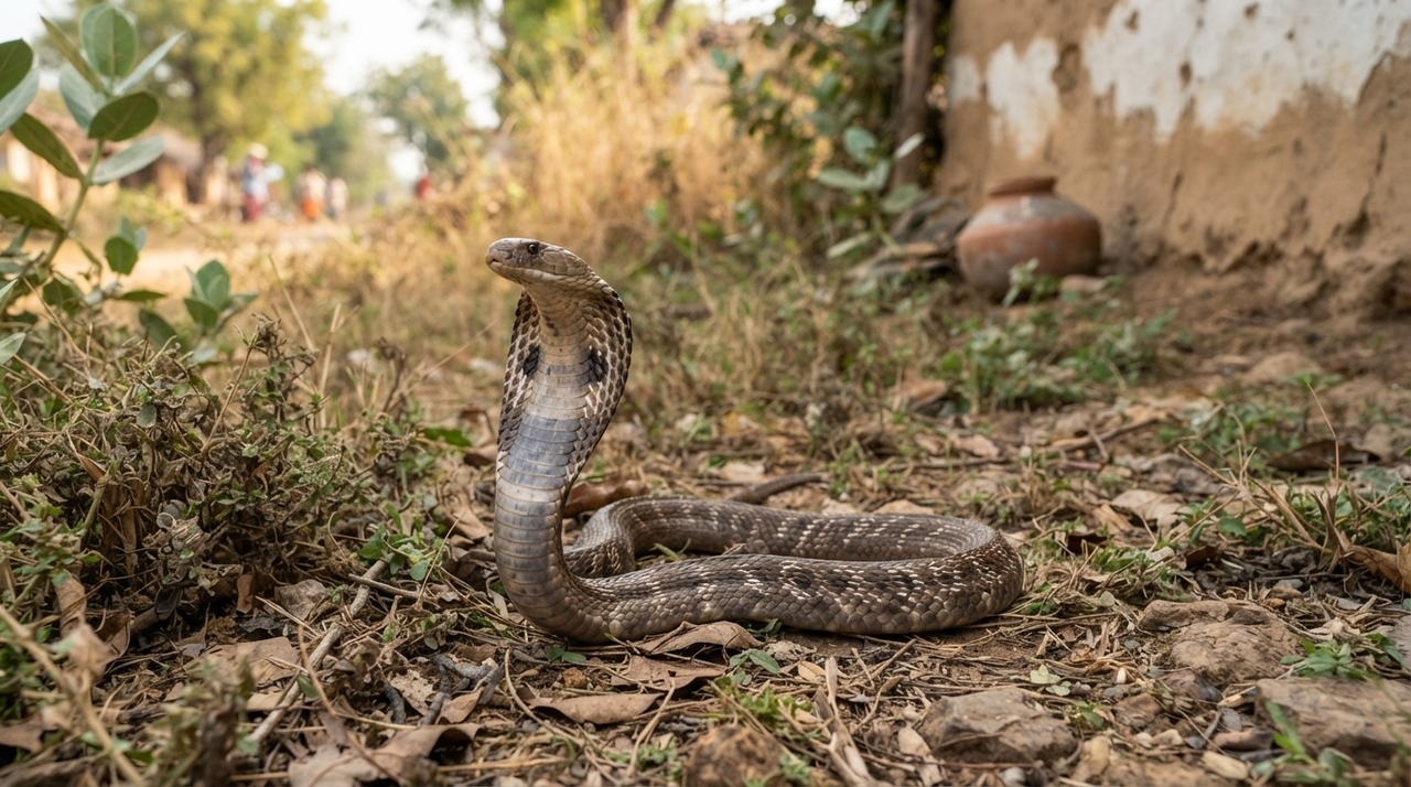 A famosa cobra indiana habita múltiplos ecossistemas ao longo da Índia, enfrentando presas e condições climáticas variadas.