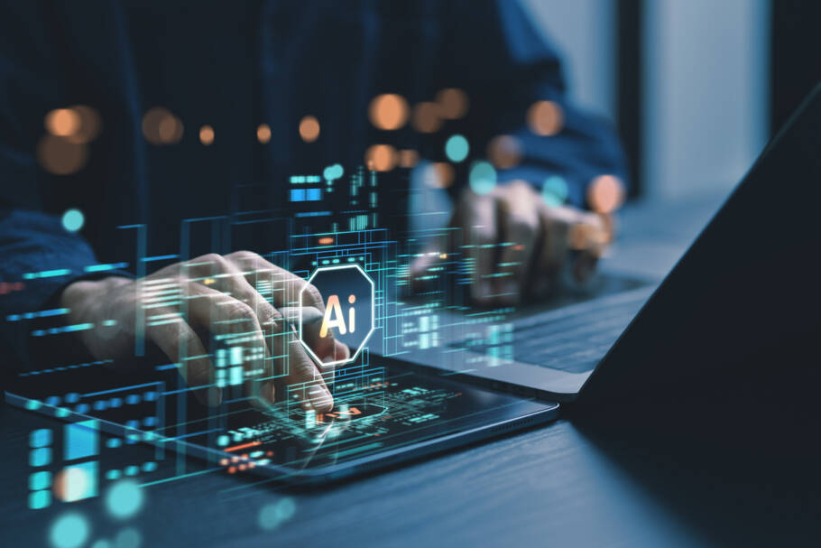 Humans are using laptops and computers to interact with AI, helping them create, code, train AI, or analyze big data with fast, cutting-edge technology.