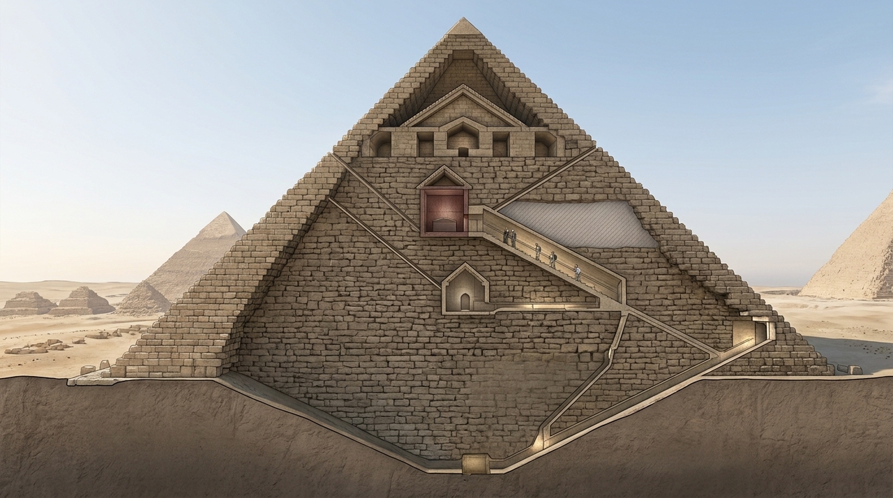 Construída para o faraó Quéops, também chamado Khufu, há cerca de 4.500 anos, a Grande Pirâmide possui três câmaras principais conhecidas.