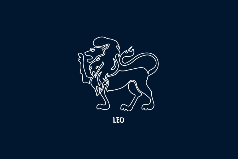 Uma ilustração branca de linha única do signo de Leão em um fundo azul escuro, com o texto "LEO" abaixo.
