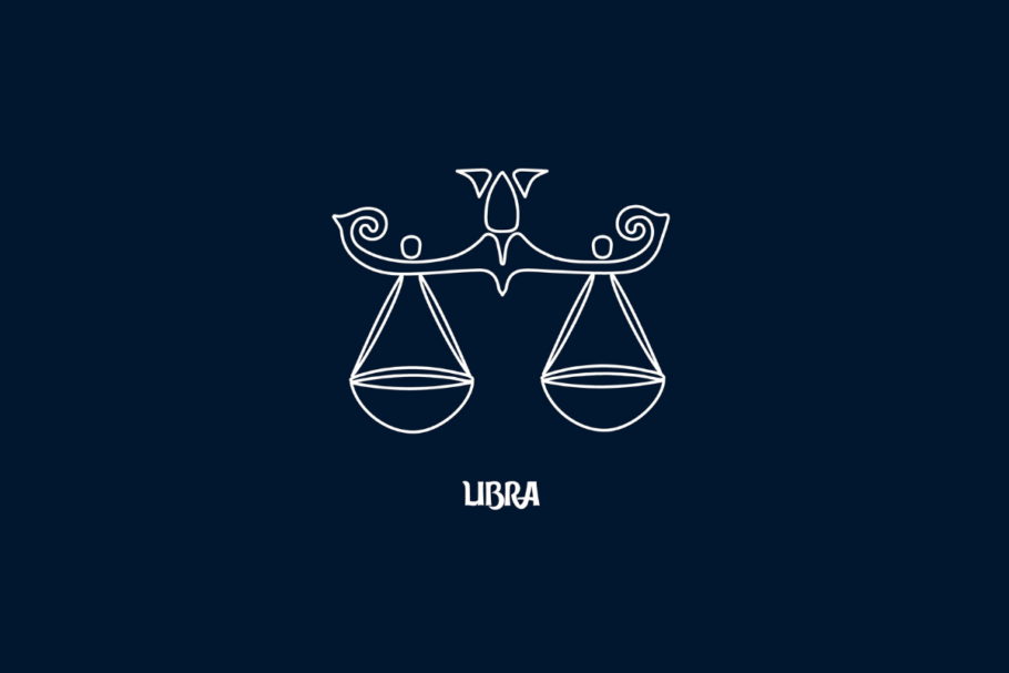 Uma ilustração branca de linha única do signo de Libra em um fundo azul escuro, com o texto "LIBRA" abaixo.