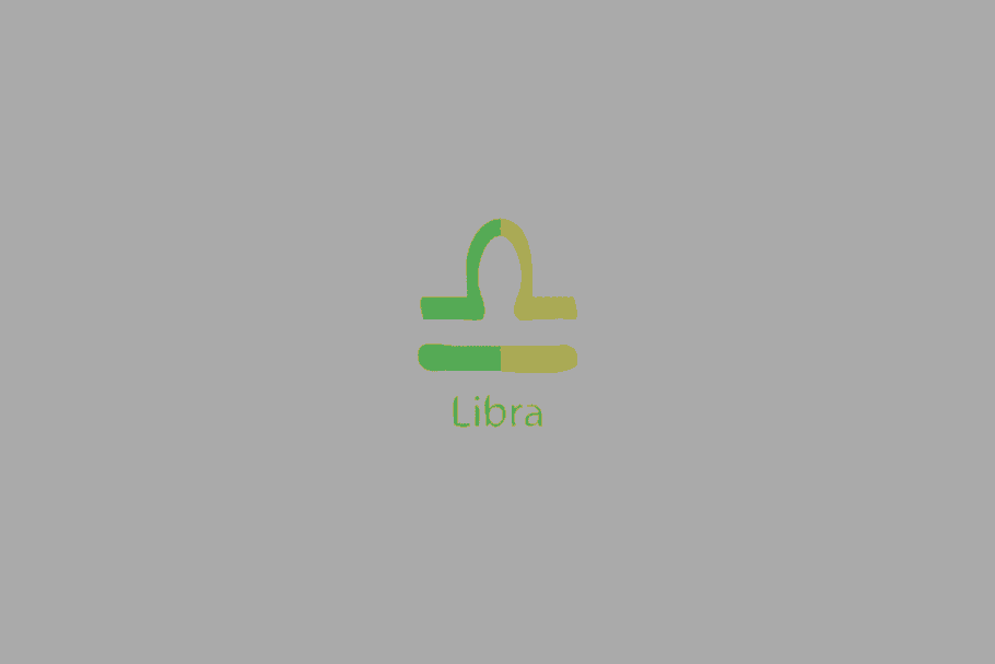 Ilustração do signo de libra em verde-claro e escuro centralizado sobre fundo amarelo