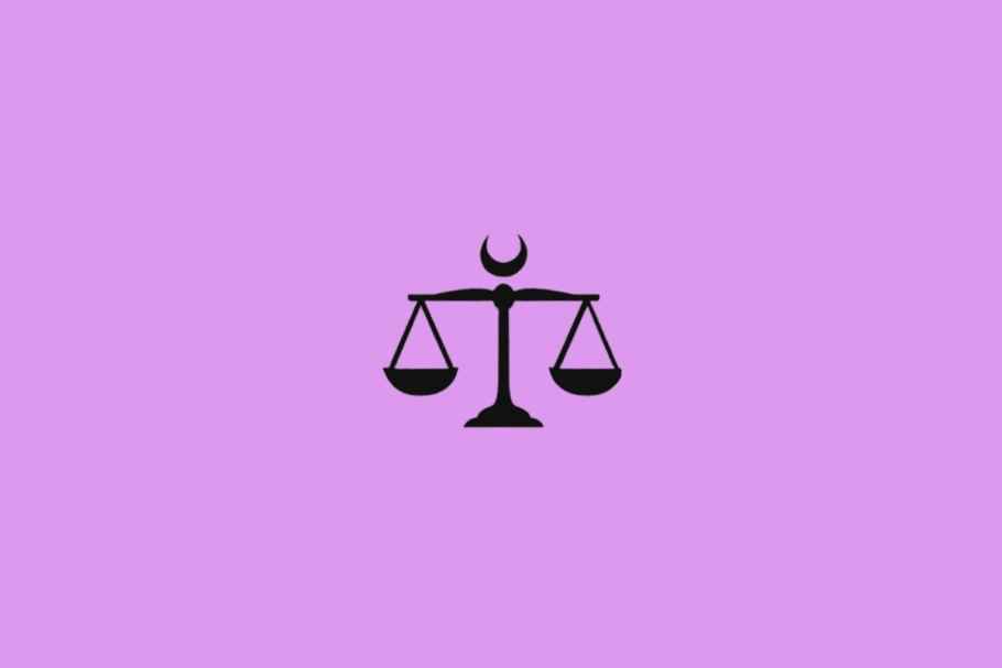 Símbolo do signo de Libra em preto com uma lua em fundo roxo