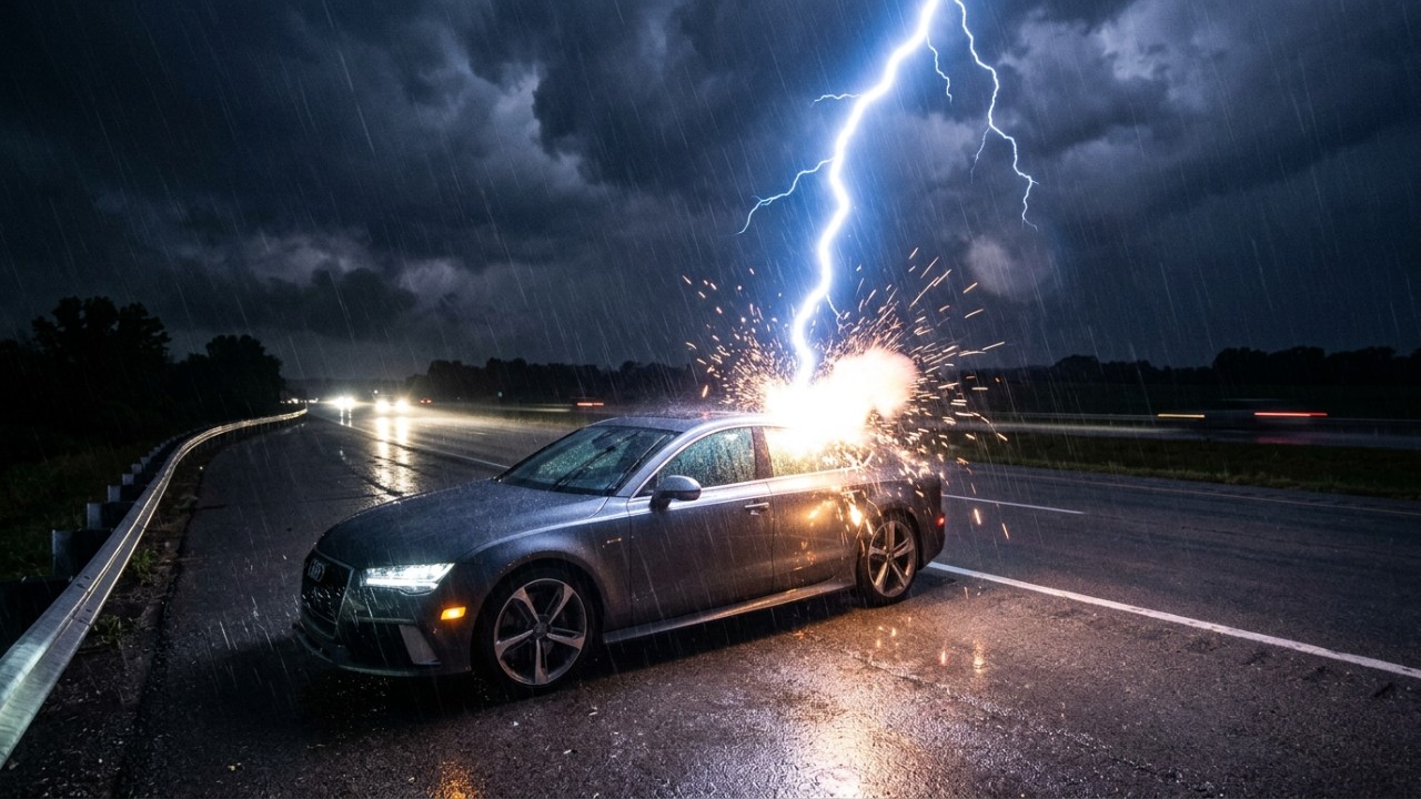 Caçador de tempestades registra momento exato em que descarga elétrica atinge automóvel.