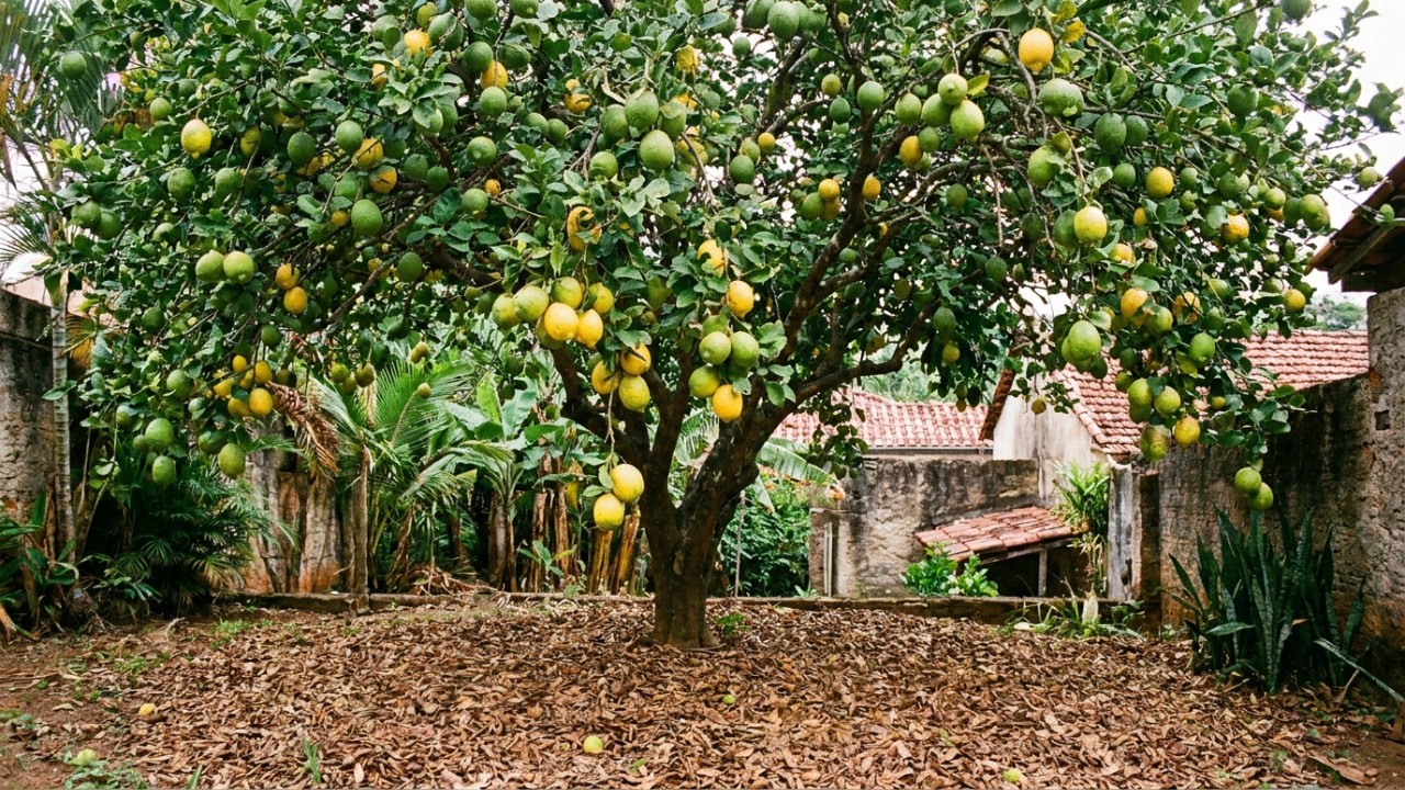 A decomposição gradual da matéria orgânica fornece minerais essenciais e melhora a fertilidade natural da terra no pomar.