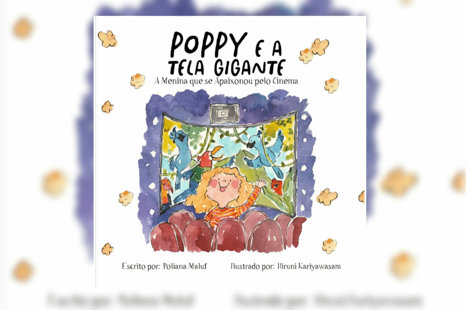 Em “Poppy e a tela gigante”, a primeira ida ao cinema se transforma em uma jornada de descobertas e encantamento (Imagem: Reprodução digital | Editora Clube de Autores)