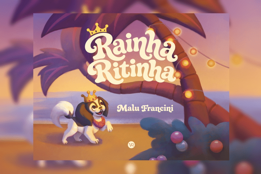 Em “Rainha Ritinha”, uma cachorrinha atravessa um portal e chega a uma ilha de animais, onde descobre que poderes, riquezas e um reino inteiro não substituem o afeto (Imagem: Reprodução digital | VR Editora)