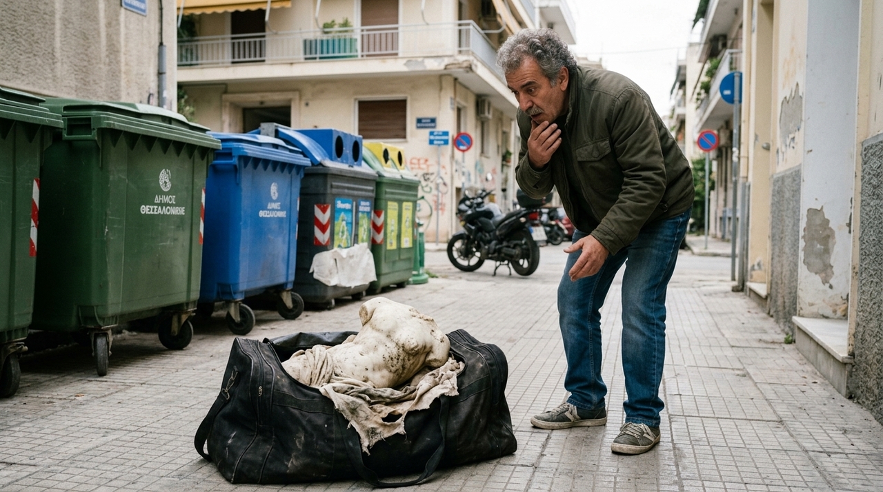 O homem encontrou a sacola próxima a recipientes de lixo e, ao perceber o objeto esculpido, decidiu levá-lo às autoridades.