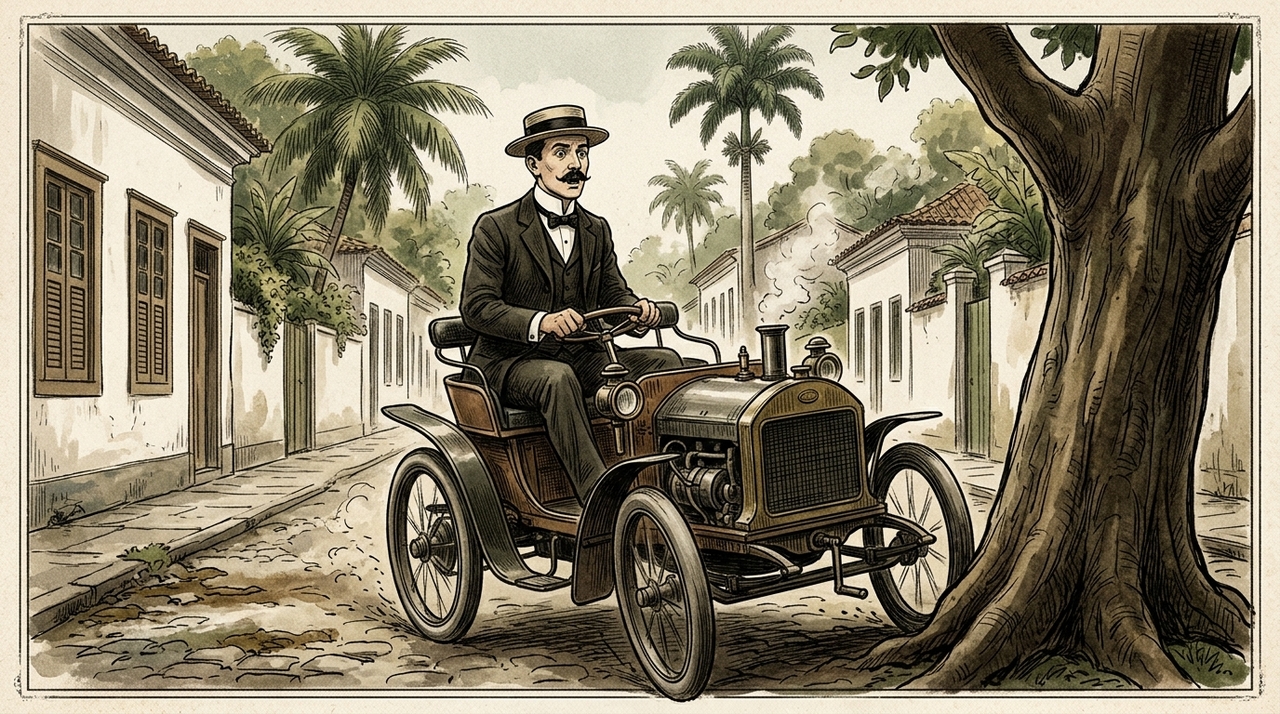 Quem conduzia o veículo era Olavo Bilac, poeta parnasiano que mais tarde se tornaria uma das figuras mais conhecidas da literatura brasileira.
