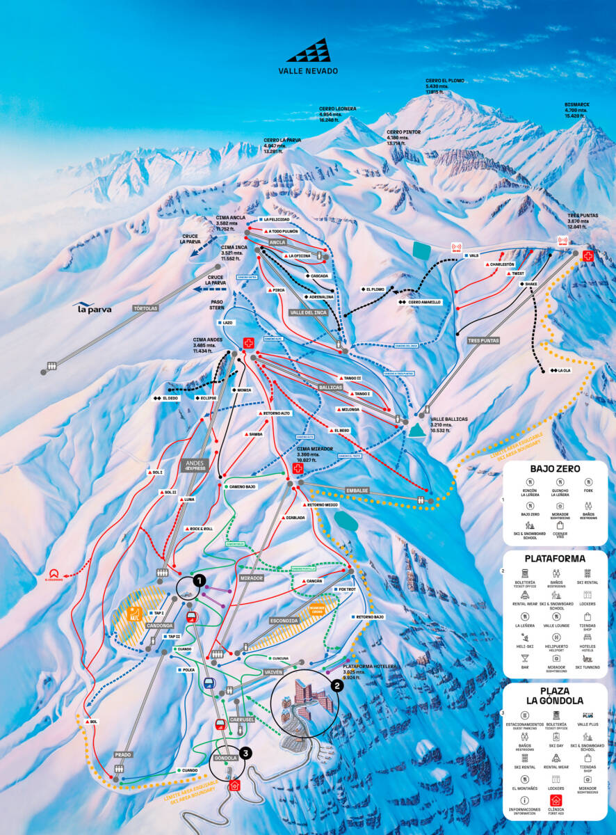 Mapa das pistas do Valle Nevado, principal estação de esqui da América do Sul