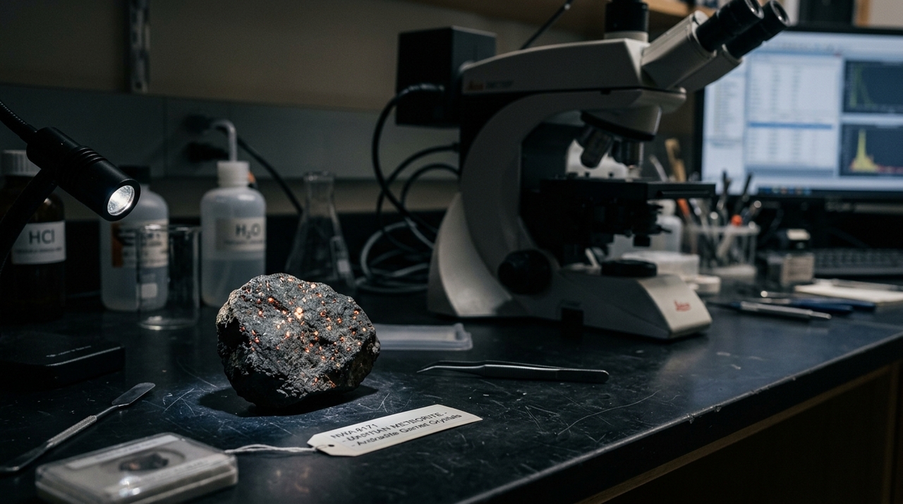 A descoberta ocorreu em um fragmento de aproximadamente 0,8 por 0,5 milímetro do meteorito NWA 8171, preservado no Museu Real de Ontário, no Canadá.
