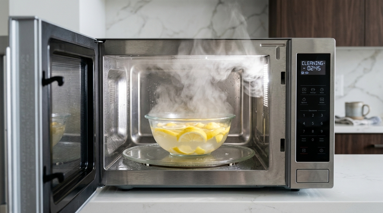 Limpar o micro-ondas apenas com um pano úmido ajuda a remover a sujeira mais evidente, mas não alcança todos os cantos internos.