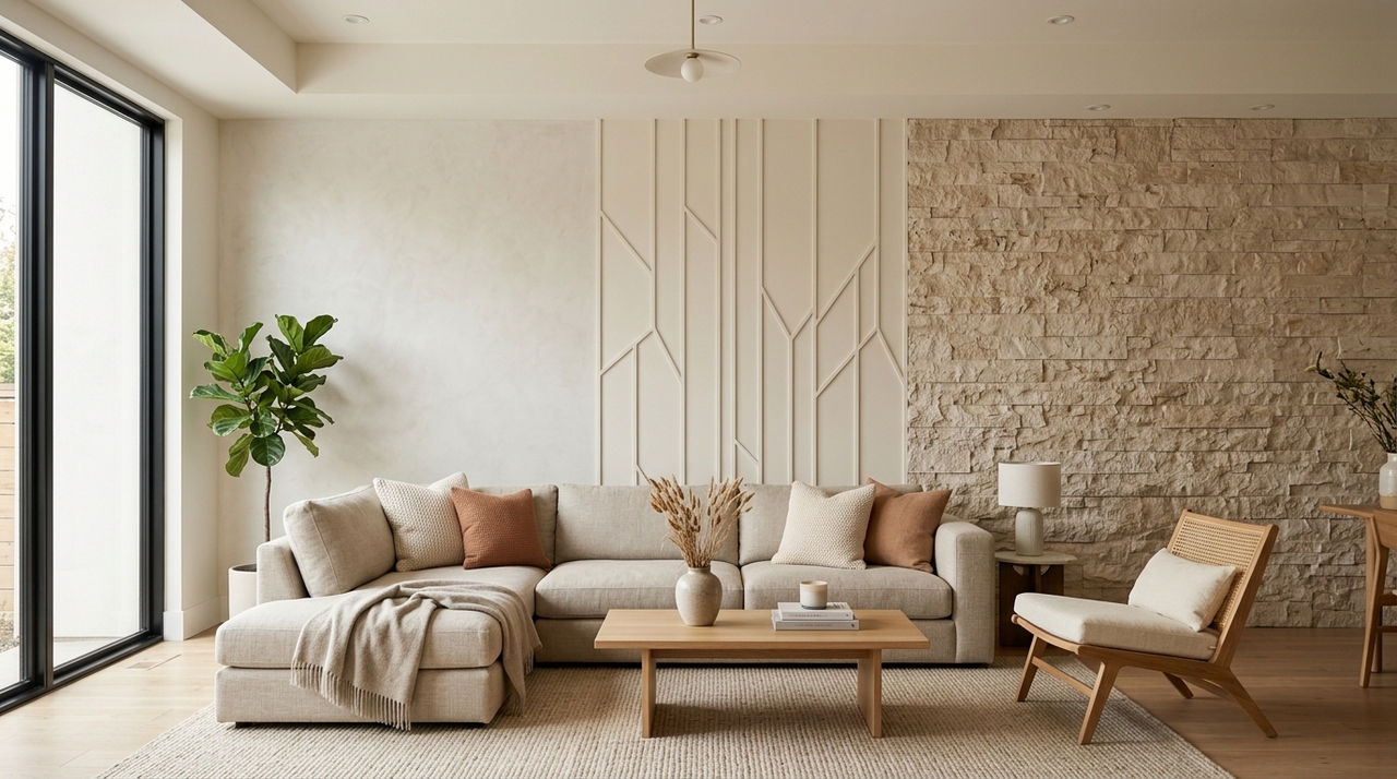 O gesso texturizado cria um acabamento de aspecto artesanal e pode substituir superfícies completamente lisas sem exigir a instalação de placas grandes.