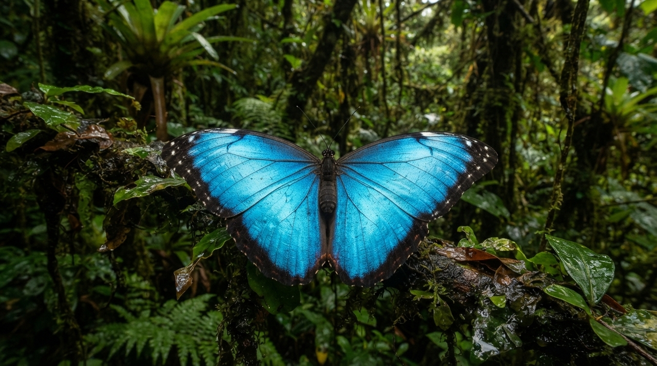 A deslumbrante tonalidade dessas asas decorre de uma sofisticada coloração estrutural em vez de compostos químicos corantes.