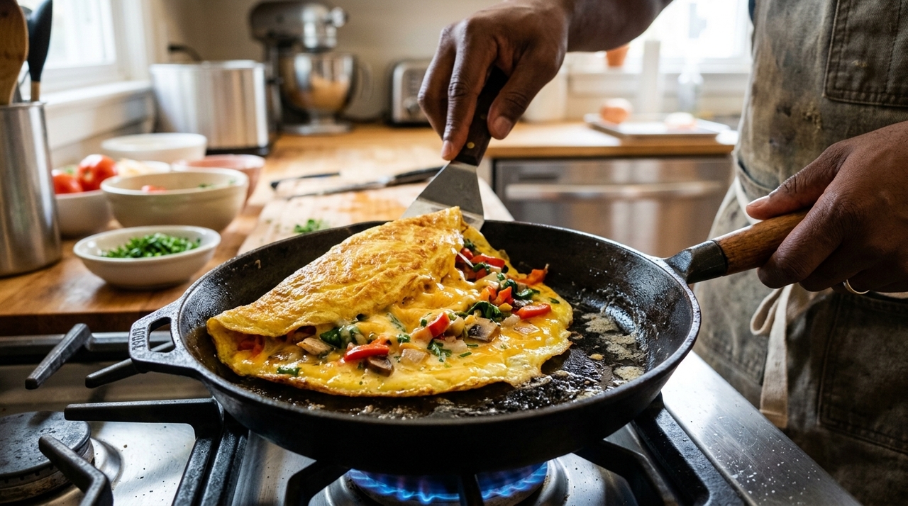 O leite na omelete pode produzir um resultado mais cremoso ou mais rico dependendo da quantidade e do modo de preparo.
