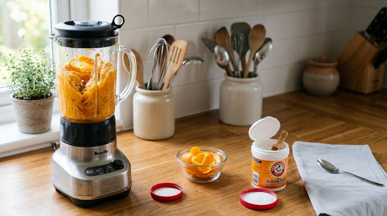 Lave bem as cascas de uma laranja, corte-as em pedaços pequenos e coloque-as no liquidificador com cerca de meia xícara de água