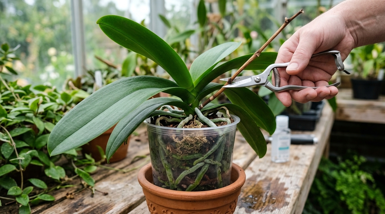 Quando a haste floral seca completamente, a remoção da parte morta evita o desgaste desnecessário de energia da planta.