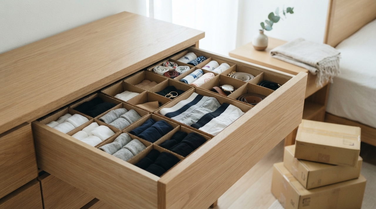 A primeira ideia é criar uma grade de papelão para separar meias, roupas íntimas, lenços, tops, biquínis e peças pequenas
