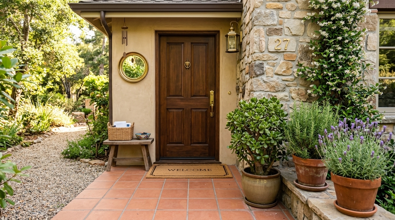 A combinação entre simbolismo e bem-estar visual tornou comum o uso de plantas na porta de entrada para reforçar prosperidade e proteção