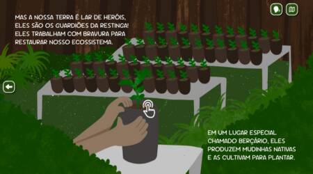 Tela de Os guardiões da restinga, finalista na categoria Livro Digital do Festival comKids 2026.