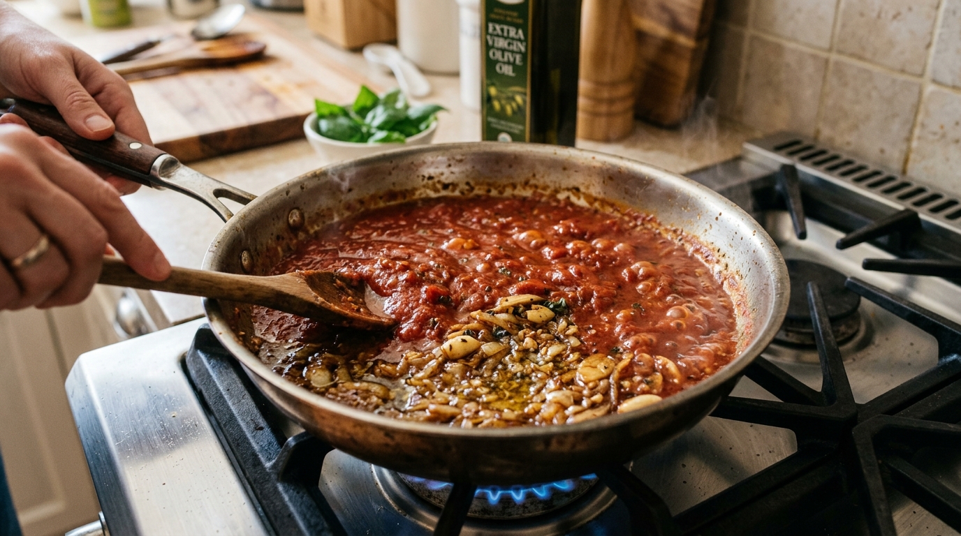 O açúcar no molho de tomate também reduz a percepção da acidez, mas faz isso acrescentando doçura diretamente.