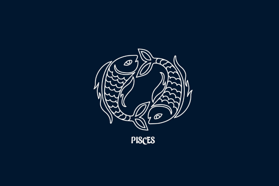 Uma ilustração branca de linha única do signo de Peixes em um fundo azul escuro, com o texto "PISCES" abaixo.