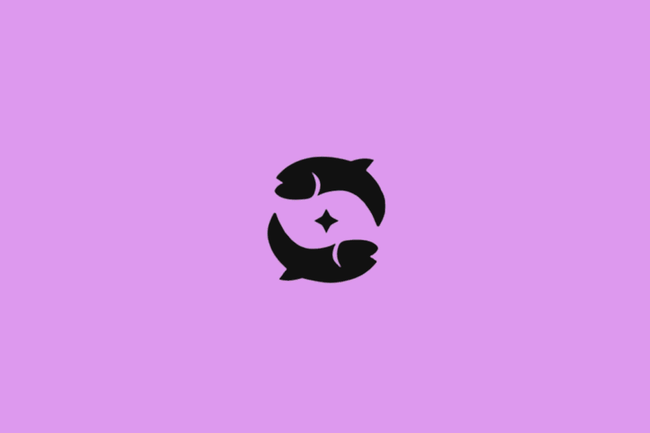 Símbolo do signo de Peixes em preto com uma estrela em fundo roxo
