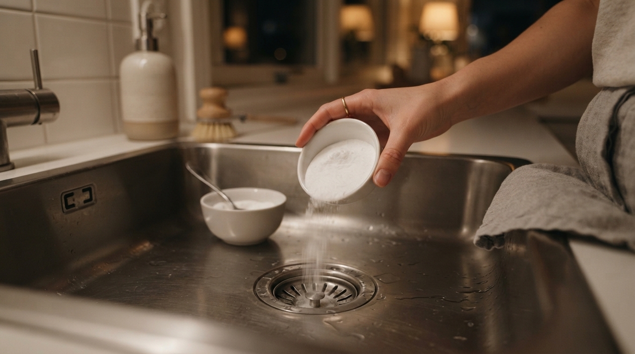 detergente e resíduos de alimentos passam repetidamente pelo ralo da cozinha e carregam rapidamente qualquer bicarbonato adicionado