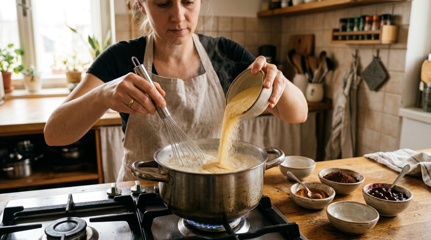 O segredo é adicionar a semolina aos poucos no leite quente, mexendo continuamente
