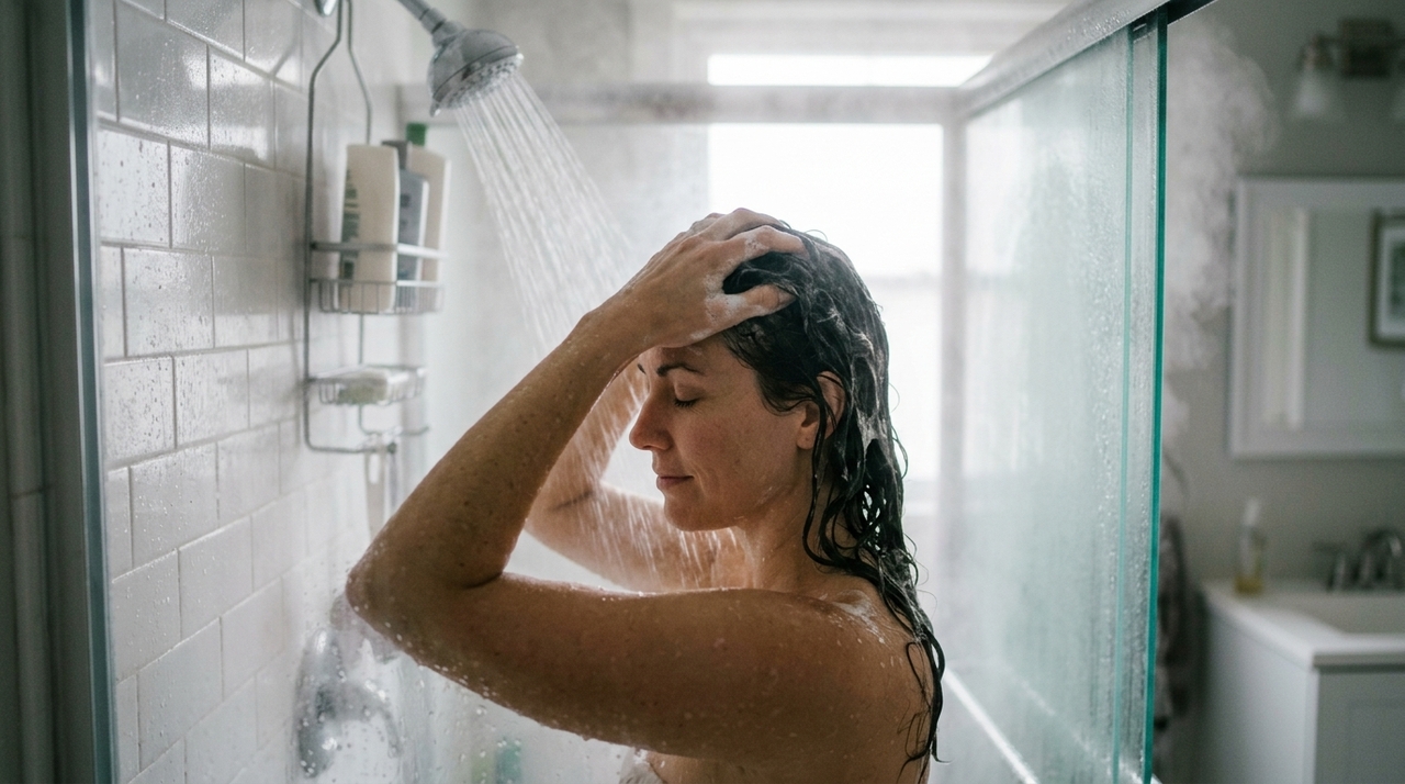 A água quente pode remover parte da oleosidade natural da superfície da pele e dos fios, especialmente quando o banho é prolongado.
