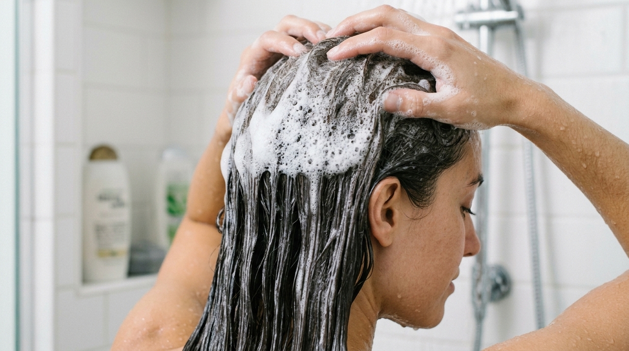 Depois de aplicar o condicionador, algumas pessoas enxáguam parcialmente antes do shampoo, enquanto outras deixam uma pequena quantidade no comprimento