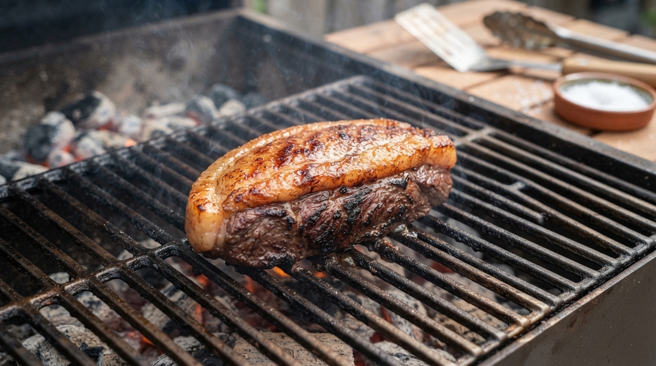 A capa de gordura é uma das características mais reconhecíveis da picanha e ajuda a proteger a carne enquanto acrescenta sabor durante o preparo.