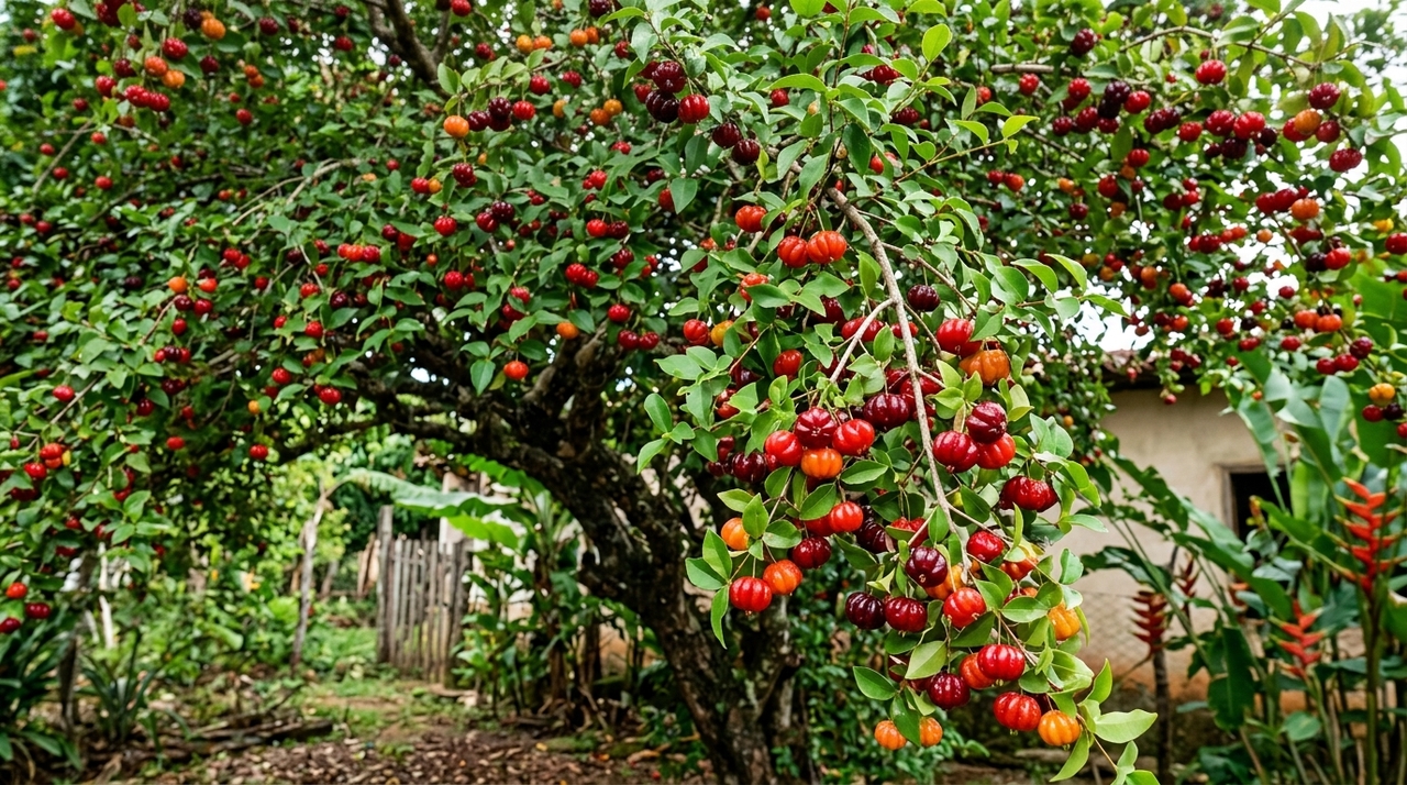 A fruta é a pitanga, produzida pela pitangueira (Eugenia uniflora).