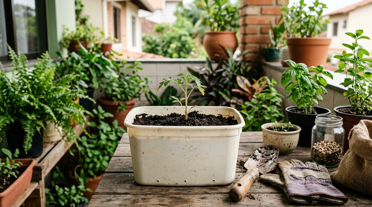 O formato do recipiente facilita o reaproveitamento para pequenas tarefas de jardinagem.