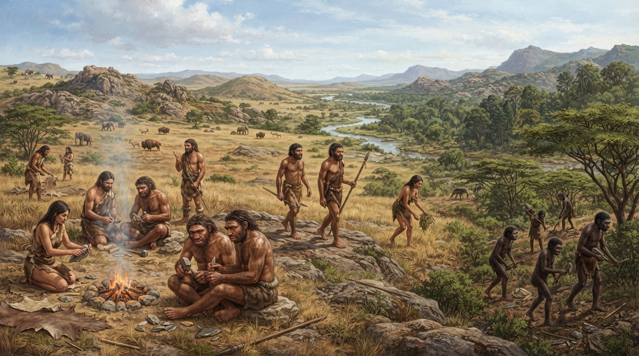As primeiras etapas dessa jornada começaram na África com o surgimento do Homo habilis, famoso por criar ferramentas rudimentares de pedra.