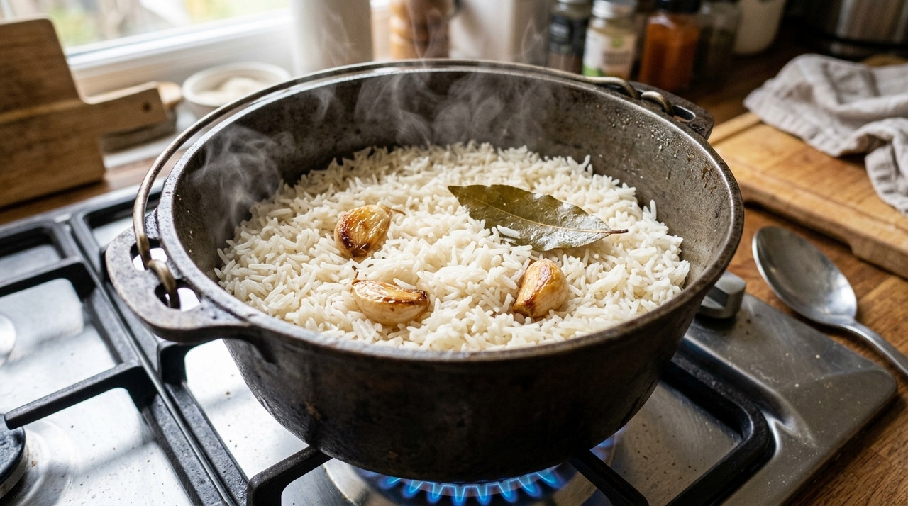 Os 3 dentes de alho são dourados levemente no azeite antes da entrada do arroz, liberando compostos aromáticos na gordura