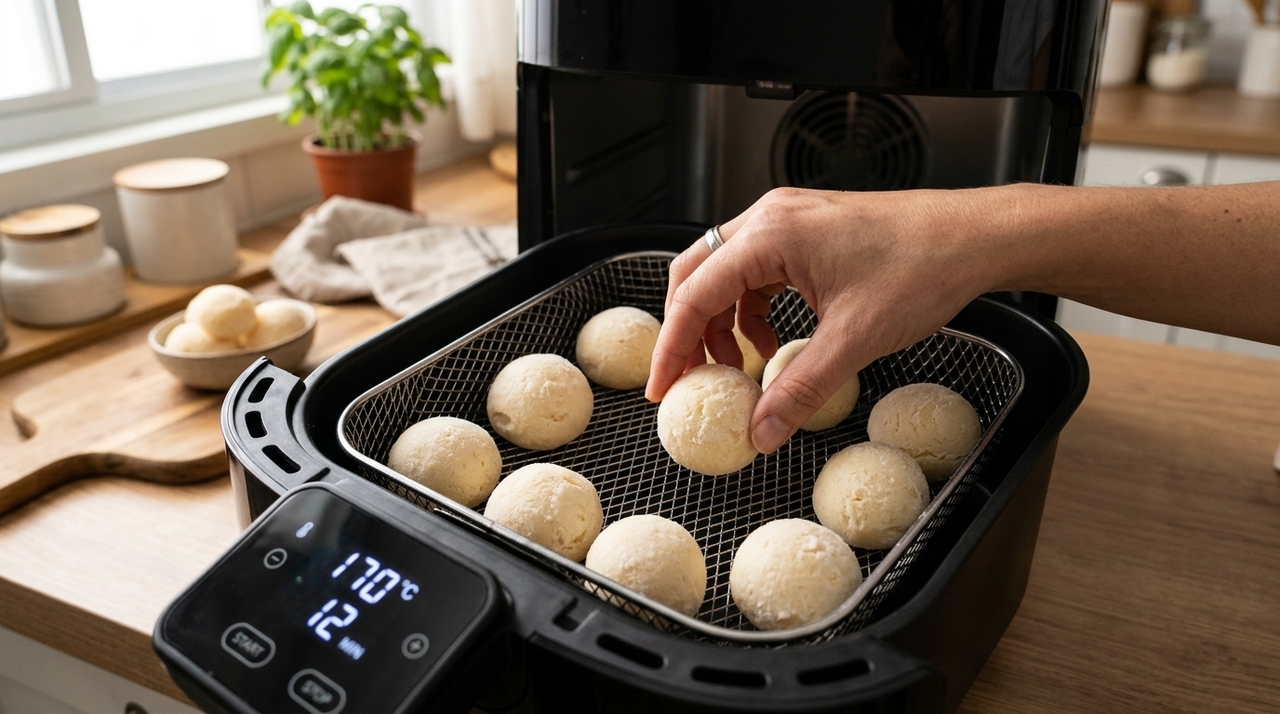 O pré-aquecimento faz com que o pão de queijo encontre uma temperatura estável assim que entra no cesto.