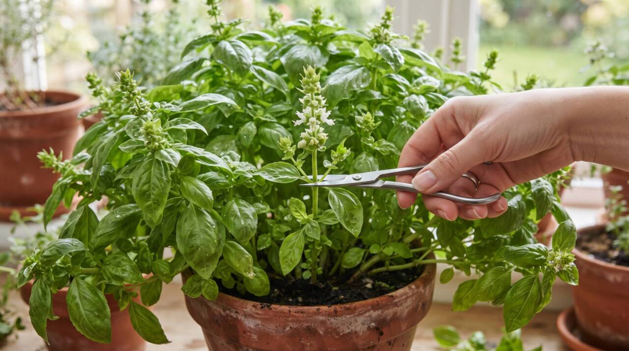 Quer manter o manjericão produzindo folhas? Veja por que retirar as pontas que começam a florescer pode ajudar a deixar a planta mais cheia.