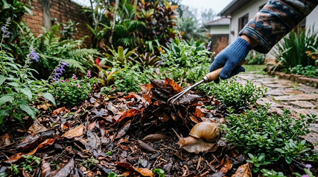Camadas densas de folhagens caídas e matéria orgânica acumulada junto aos canteiros formam um microclima excessivamente úmido