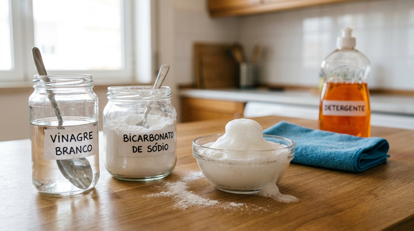 Quando vinagre e bicarbonato entram em contato, ocorre uma reação ácido-base que produz a espuma conhecida dessas receitas domésticas.