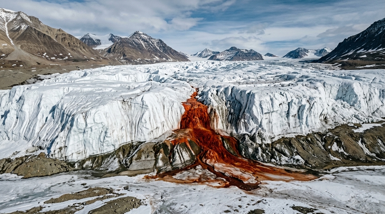 O fluxo surge no extremo da geleira Taylor, nos Vales Secos de McMurdo, quando uma salmoura extremamente salgada alcança a superfície