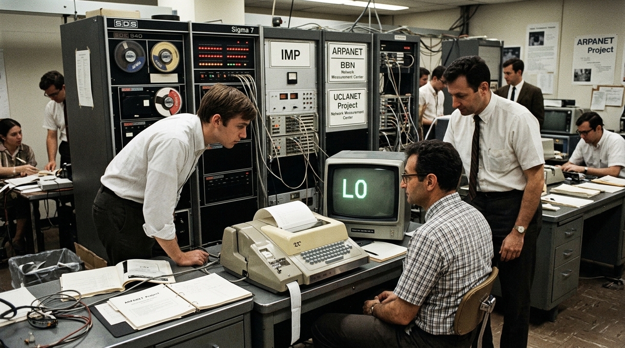 A experiência conectava um computador da Universidade da Califórnia em Los Angeles, a UCLA, a uma máquina do Stanford Research Institute, conhecido como SRI.